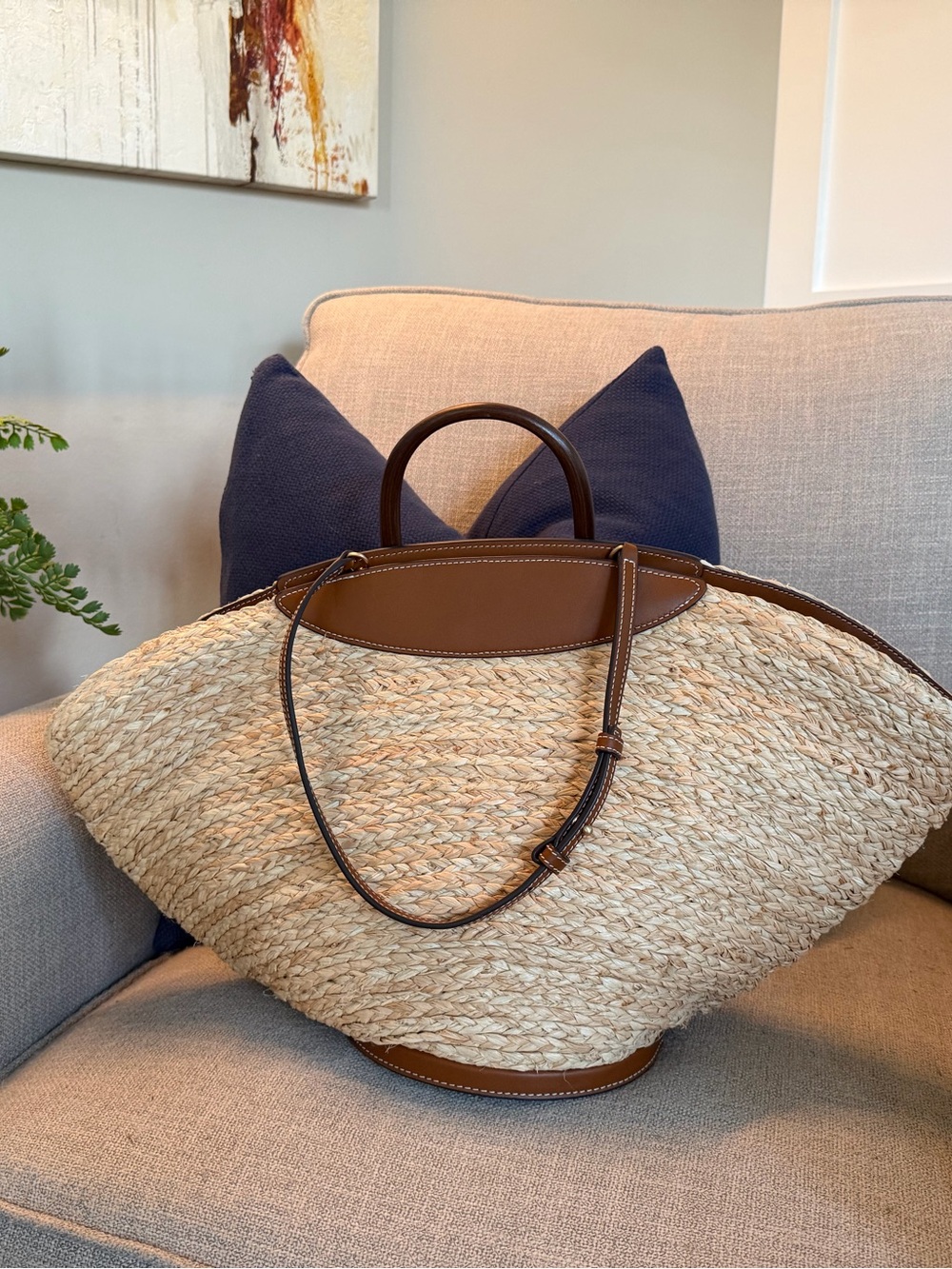 Cult Gaia Wanda Woven Straw Tote with Brown Leather Trim